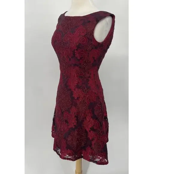 Aidan Mattox Cocktail Dress Fit & Flare Embroidered Lace Squareneck Red Womens 0 - Picture 4 of 7